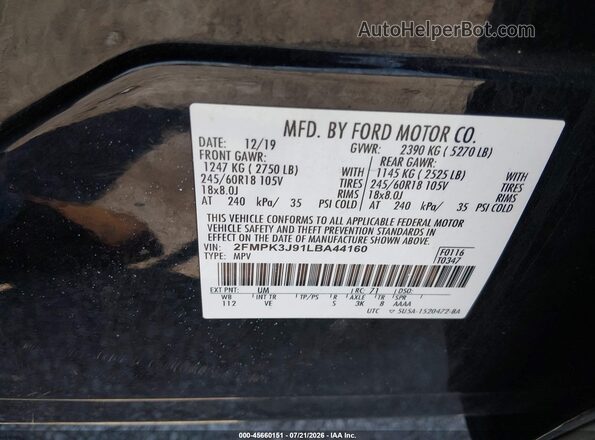2FMPK3J91LBA44160 2020 FORD EDGE Black Շարժիչի բաժամունքի տեսք