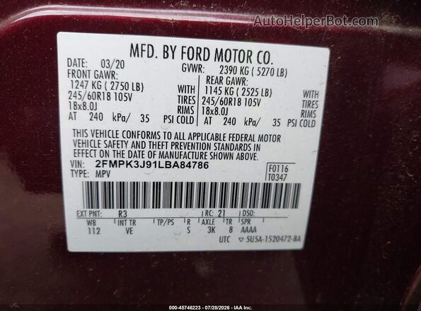2FMPK3J91LBA84786 2020 FORD EDGE Maroon ძრავის განყოფილების ხედი
