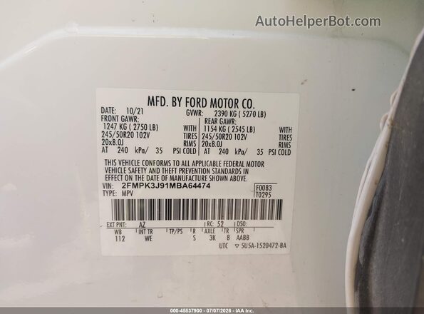 2FMPK3J91MBA64474 2021 FORD EDGE White Շարժիչի բաժամունքի տեսք