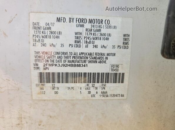 2FMPK3J92HBB88341 2017 FORD EDGE White Widok naklejki z numerem VIN