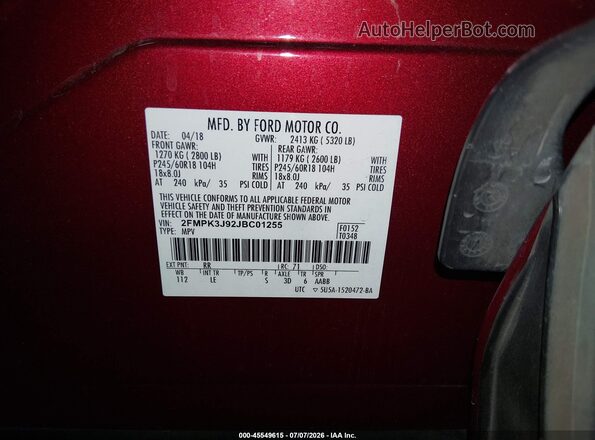 2FMPK3J92JBC01255 2018 FORD EDGE Бордовый Вид подкапотного пространства