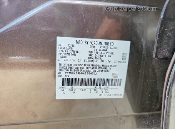 2FMPK3J92KBB36702 2019 FORD EDGE Gray Widok naklejki z numerem VIN