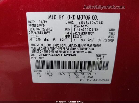 2FMPK3J92LBA23348 2020 FORD EDGE Red Vista del compartimento del motor