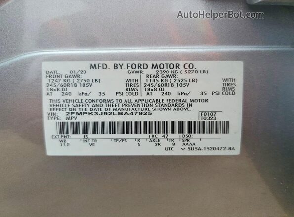 2FMPK3J92LBA47925 2020 FORD EDGE Silver Vista de la etiqueta del VIN