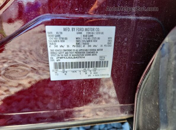 2FMPK3J92LBA57614 2020 FORD EDGE Maroon Vista de la etiqueta del VIN