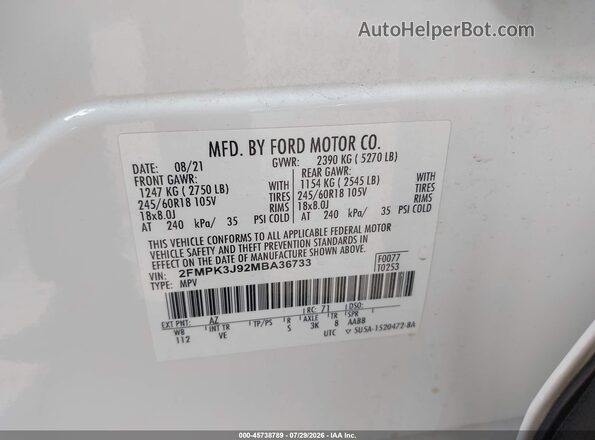 2FMPK3J92MBA36733 2021 FORD EDGE White Շարժիչի բաժամունքի տեսք