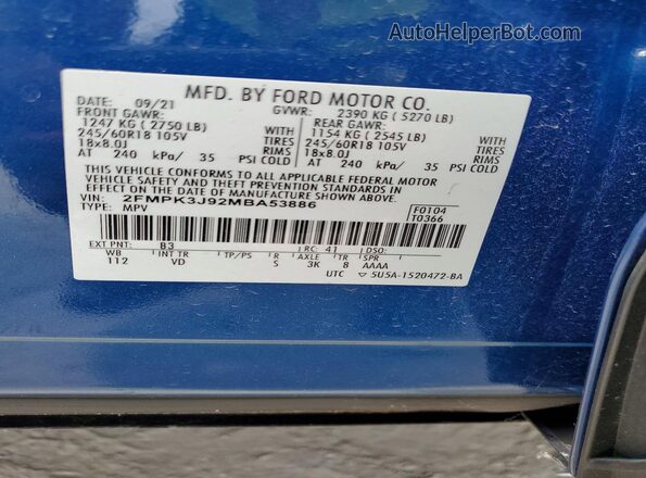 2FMPK3J92MBA53886 2021 FORD EDGE Синий Вид подкапотного пространства