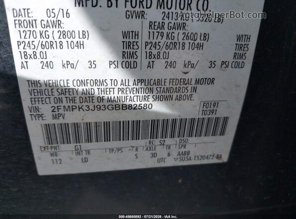 2FMPK3J93GBB82580 2016 FORD EDGE Black Engine compartment view