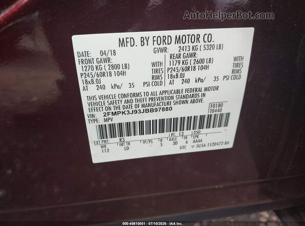 2FMPK3J93JBB97880 2018 FORD EDGE Бордовый Вид подкапотного пространства