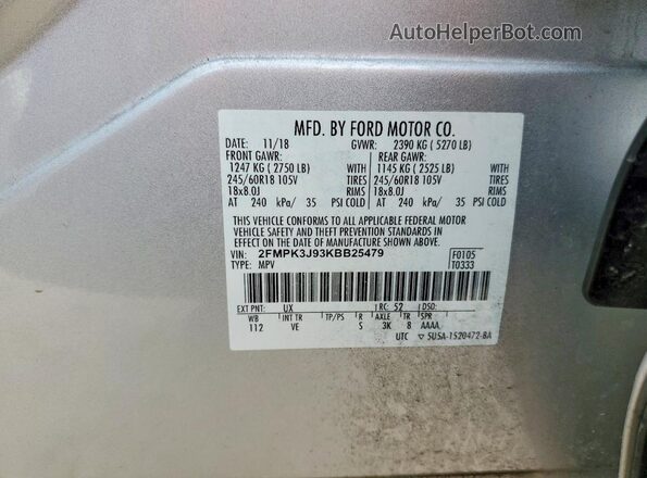 2FMPK3J93KBB25479 2019 FORD EDGE Silver Vista de la etiqueta del VIN