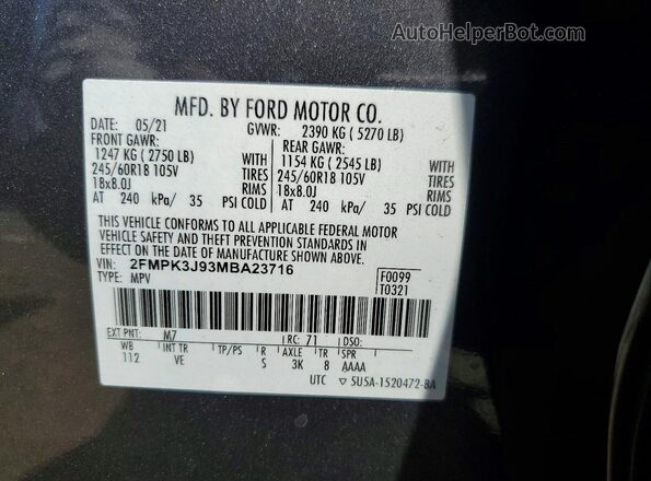 2FMPK3J93MBA23716 2021 FORD EDGE Gray VIN sticker view