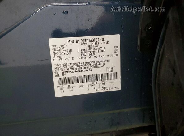 2FMPK3J94GBC01024 2016 FORD EDGE Blue Widok naklejki z numerem VIN