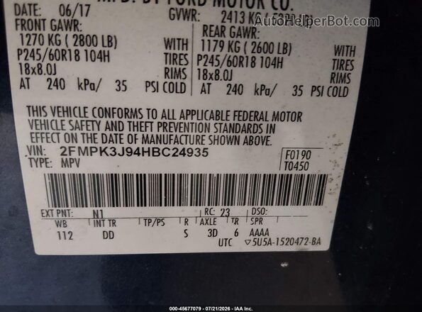 2FMPK3J94HBC24935 2017 FORD EDGE Blue ძრავის განყოფილების ხედი