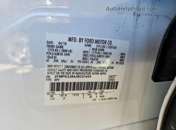 2FMPK3J94JBC01435 2018 FORD EDGE Белый Вид наклейки с VIN-кодом