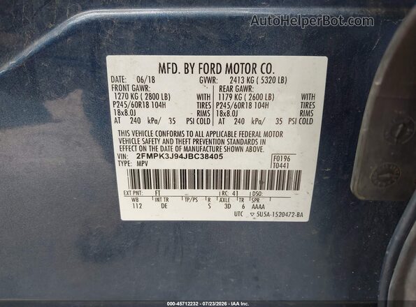 2FMPK3J94JBC38405 2018 FORD EDGE Синий Вид подкапотного пространства