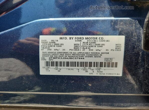 2FMPK3J94JBC57844 2018 FORD EDGE Blue Vista de la etiqueta del VIN
