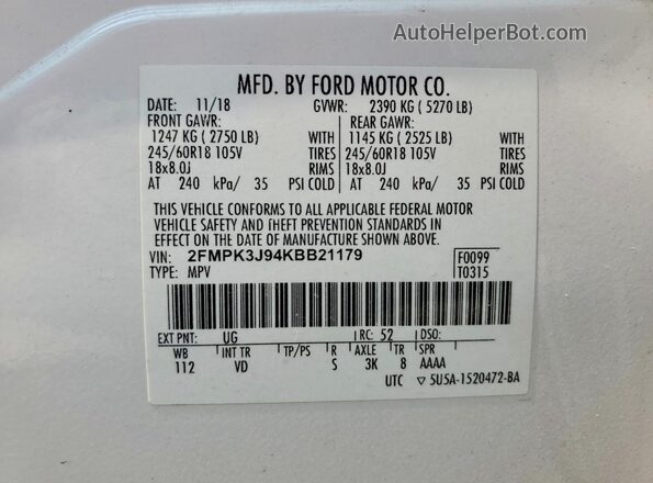 2FMPK3J94KBB21179 2019 FORD EDGE White სალონის 360-გრადუსიანი ხედი