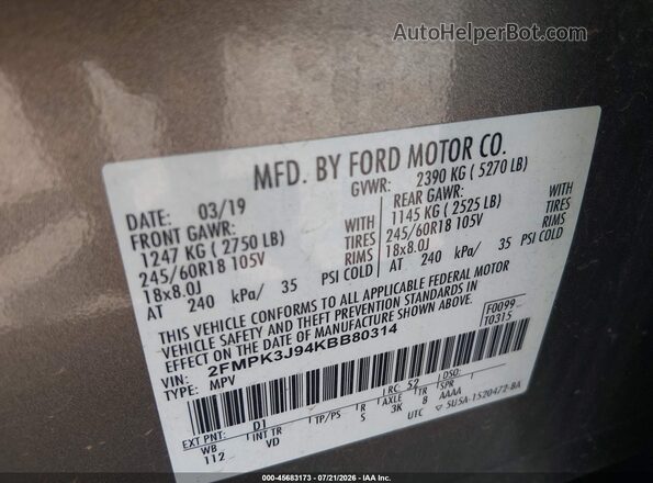 2FMPK3J94KBB80314 2019 FORD EDGE Gray Շարժիչի բաժամունքի տեսք