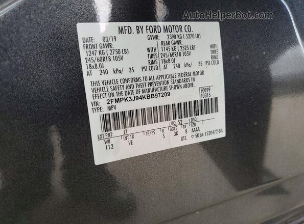 2FMPK3J94KBB97209 2019 FORD EDGE Charcoal Widok naklejki z numerem VIN