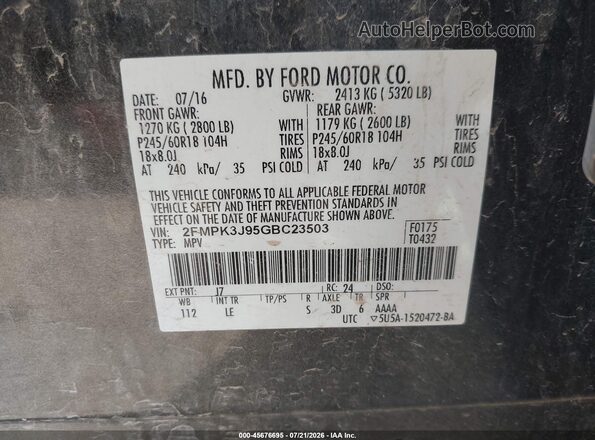 2FMPK3J95GBC23503 2016 FORD EDGE Gray ძრავის განყოფილების ხედი