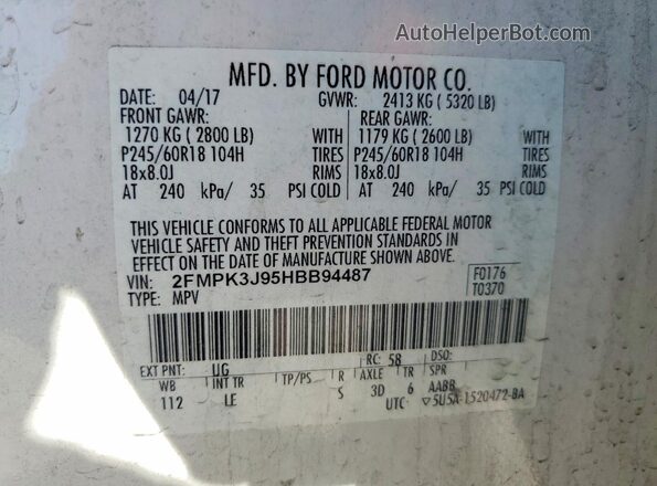 2FMPK3J95HBB94487 2017 FORD EDGE White Սալոնի 360 աստիճան տեսք