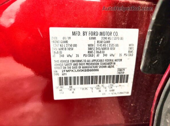 2FMPK3J95KBB60086 2019 FORD EDGE Red ძრავის განყოფილების ხედი
