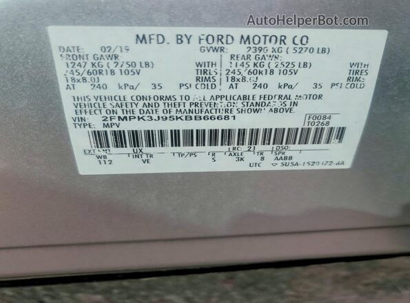 2FMPK3J95KBB66681 2019 FORD EDGE Silver VIN կոդի պիտակի տեսք