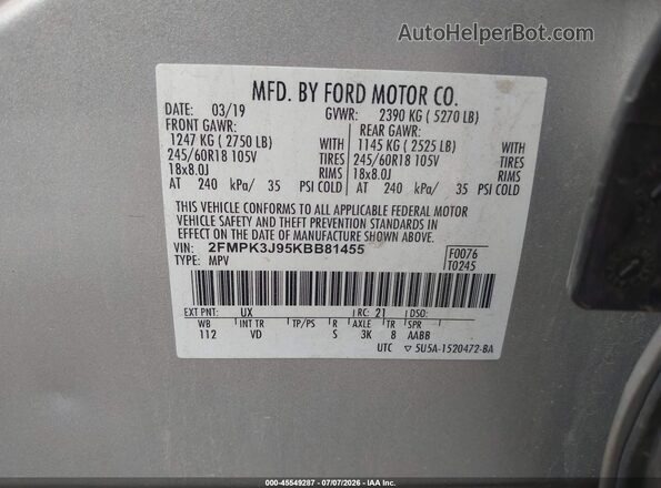 2FMPK3J95KBB81455 2019 FORD EDGE Серебряный Вид подкапотного пространства