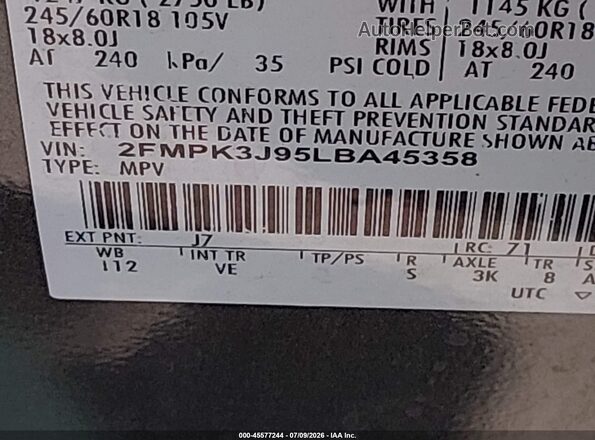 2FMPK3J95LBA45358 2020 FORD EDGE Black Շարժիչի բաժամունքի տեսք