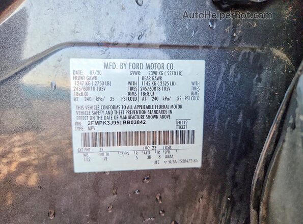 2FMPK3J95LBB03842 2020 FORD EDGE Gray Vista de la etiqueta del VIN