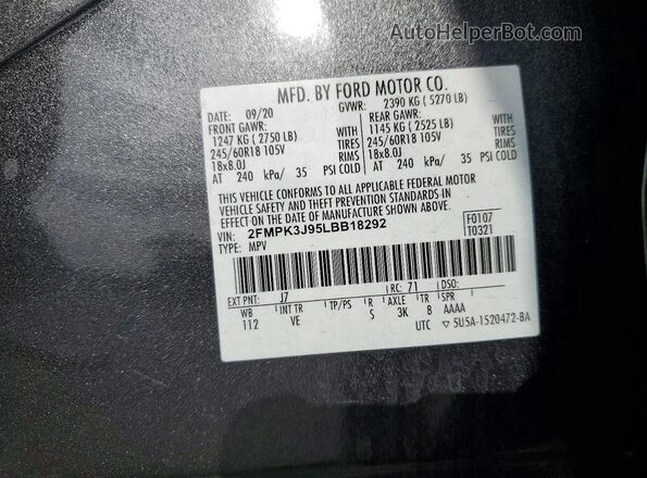2FMPK3J95LBB18292 2020 FORD EDGE Gray Вид наклейки з VIN-кодом