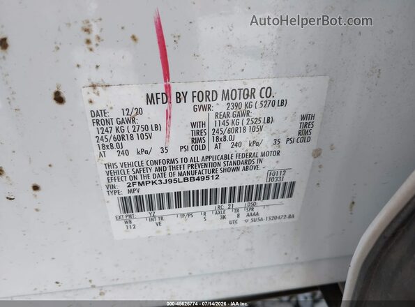 2FMPK3J95LBB49512 2020 FORD EDGE Белый Вид подкапотного пространства