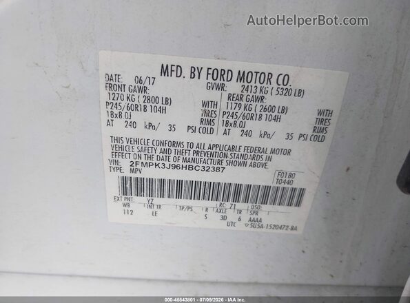 2FMPK3J96HBC32387 2017 FORD EDGE White Vista del compartimento del motor