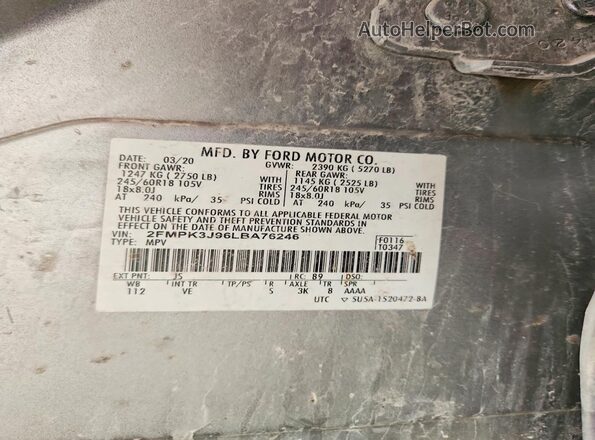 2FMPK3J96LBA76246 2020 FORD EDGE Gray Շարժիչի բաժամունքի տեսք
