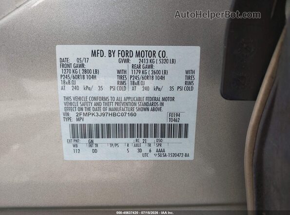 2FMPK3J97HBC07160 2017 FORD EDGE Beige Вид підкапотного простору