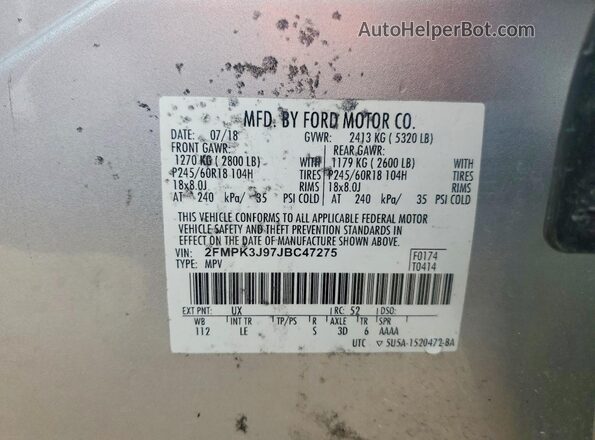 2FMPK3J97JBC47275 2018 FORD EDGE Silver Панорамний вид салону 360°