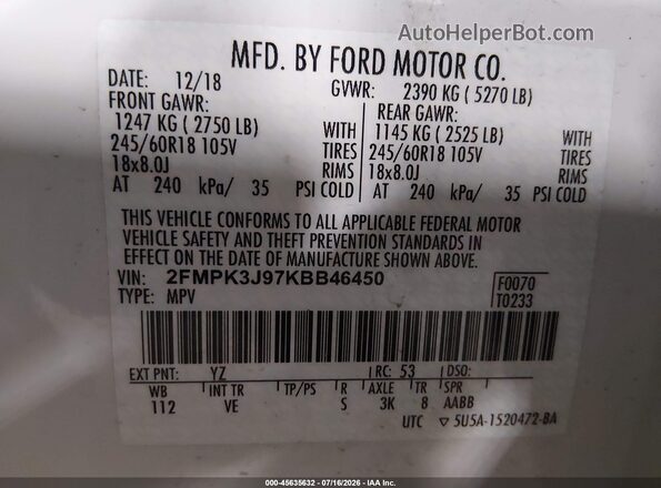 2FMPK3J97KBB46450 2019 FORD EDGE White Շարժիչի բաժամունքի տեսք