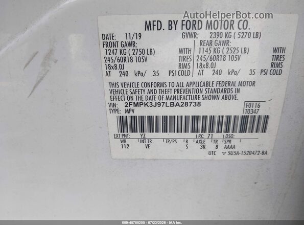 2FMPK3J97LBA28738 2020 FORD EDGE White Շարժիչի բաժամունքի տեսք