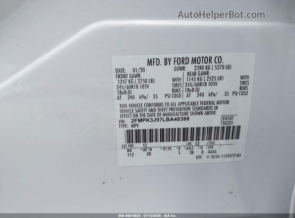 2FMPK3J97LBA48388 2020 FORD EDGE White Вид підкапотного простору
