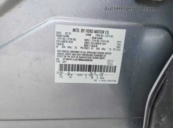 2FMPK3J97MBA08829 2021 FORD EDGE Серебряный Вид наклейки с VIN-кодом