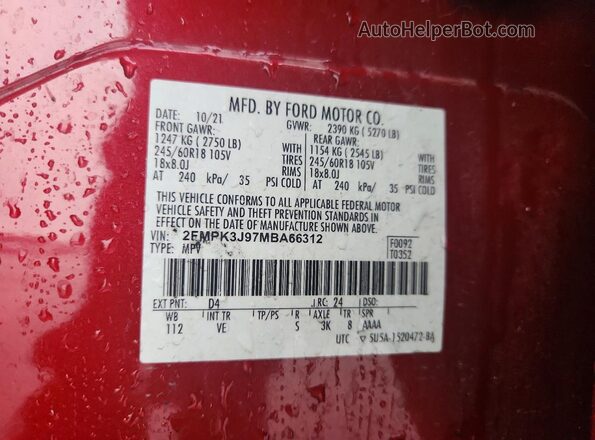 2FMPK3J97MBA66312 2021 FORD EDGE Красный Вид наклейки с VIN-кодом