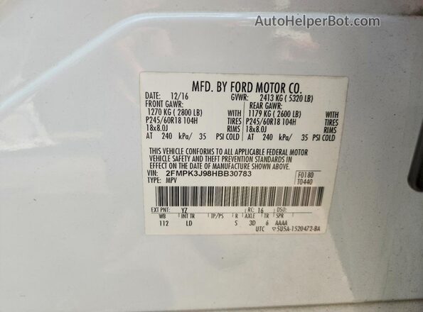 2FMPK3J98HBB30783 2017 FORD EDGE White Widok naklejki z numerem VIN
