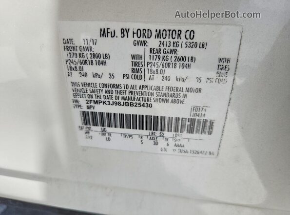 2FMPK3J98JBB25430 2018 FORD EDGE Cream Widok wnętrza 360 stopni