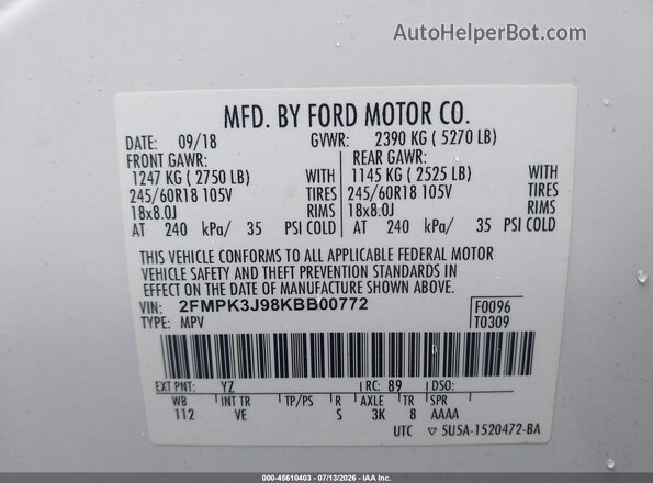 2FMPK3J98KBB00772 2019 FORD EDGE White Вид підкапотного простору