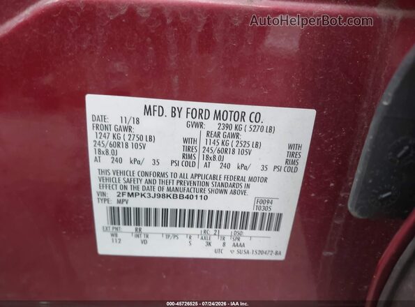 2FMPK3J98KBB40110 2019 FORD EDGE Red Вид підкапотного простору