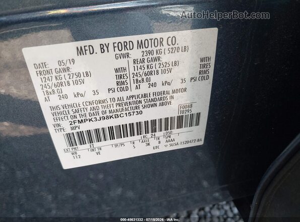 2FMPK3J98KBC15730 2019 FORD EDGE Blue ძრავის განყოფილების ხედი