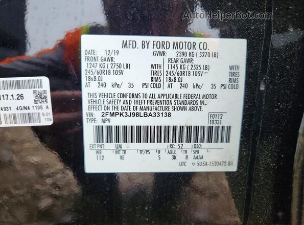 2FMPK3J98LBA33138 2020 FORD EDGE Black Widok naklejki z numerem VIN