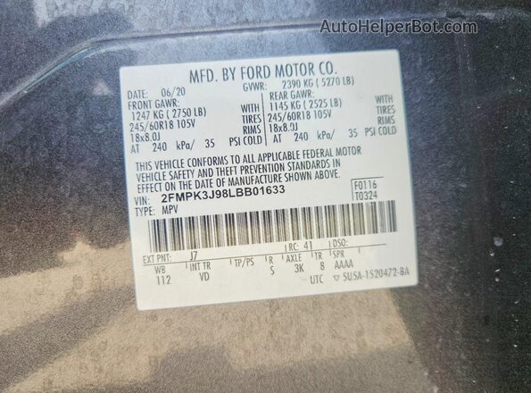 2FMPK3J98LBB01633 2020 FORD EDGE Gray Շարժիչի բաժամունքի տեսք