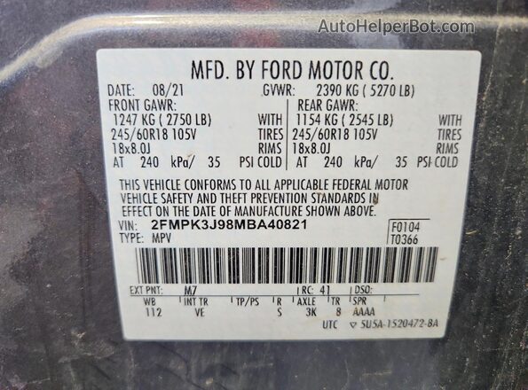 2FMPK3J98MBA40821 2021 FORD EDGE Gray VIN կոդի պիտակի տեսք