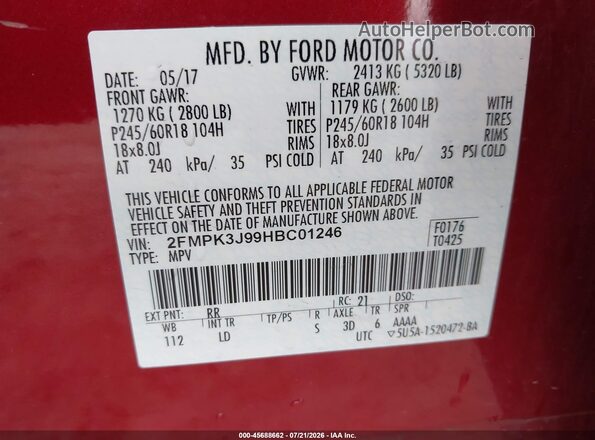 2FMPK3J99HBC01246 2017 FORD EDGE Красный Вид подкапотного пространства